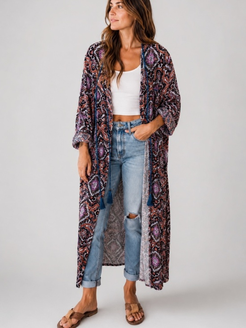 Free People Don’t You Wait Printed Duster Kimono Boho Open Front Tassel Cardigan